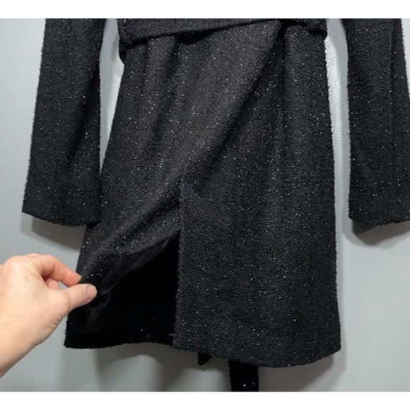 Black Metallic Sparkle Belt Jacket Size 12 Tweed Coat Faux Fur Collar Whimsigoth - Picture 8 of 16